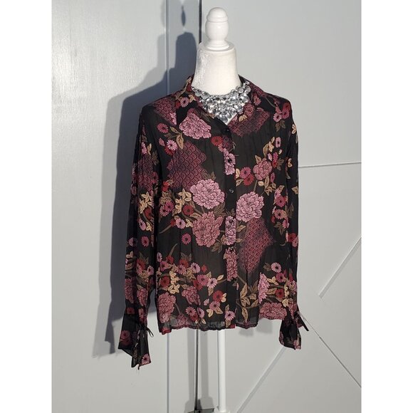 Apostrophe Tops - APOSTROPHE FLORAL FORMAL BLOUSE COLOR BLACK LONG SLEEVE POLYESTER SIZE M